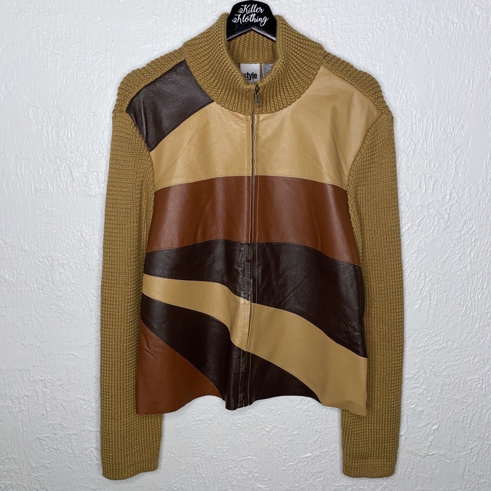 Vintage 70s-Style Knitted Leather Zip Jacket – Size XL